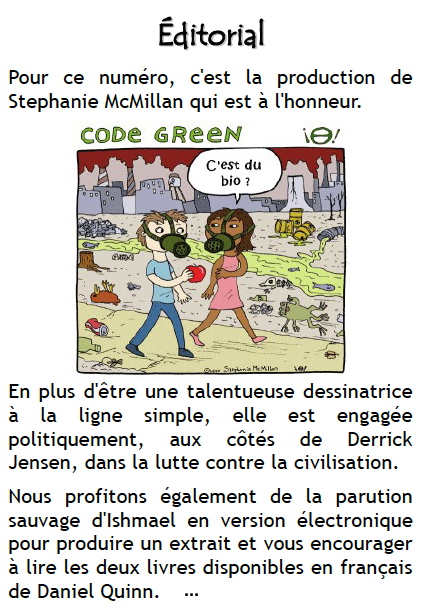 On voit une partie de la page éditoriale, disponible en PDF. Code Green avec un dessin de Stephanie McMillan: on voit on homme et une femme, portant des masques à gaz et entournés d'une ville de déchets. Elle tend la main pour recevoir une pomme de lui, en lui demandant: C'est du bio ?