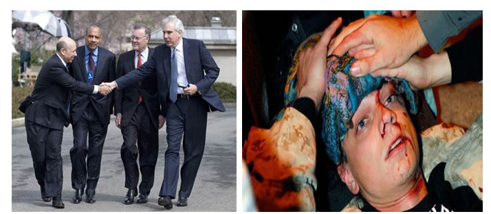 Left: four male politicians shake hands. Right: picture of US protestor on his back, bleeding from a wound to the head.