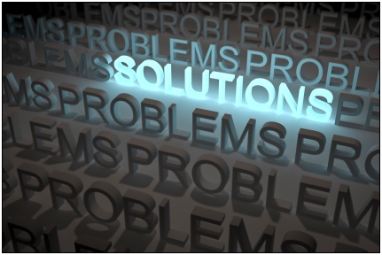 image showing the words problems all over the place, but the word solution is highlighted amongst the midst...