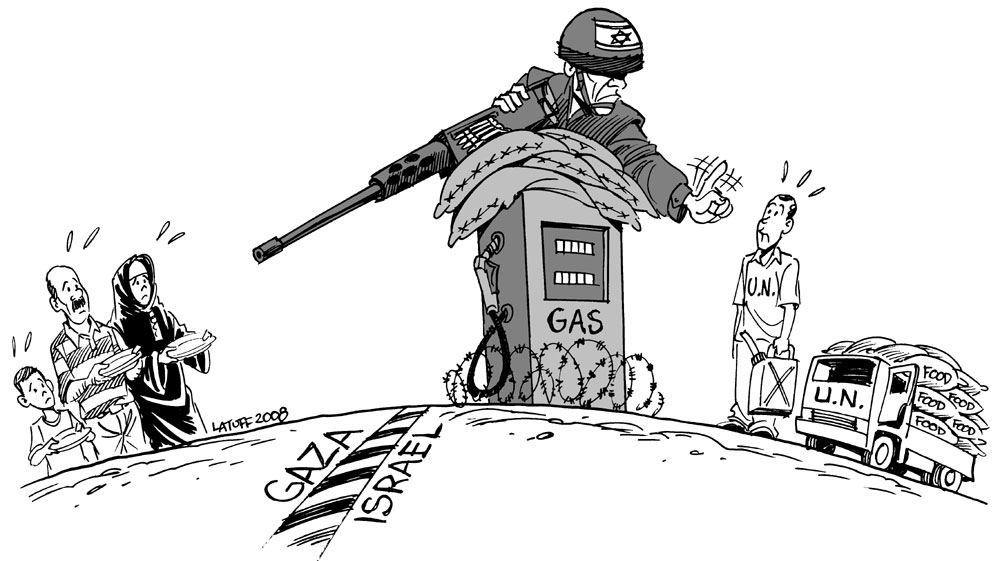 Cartoon: un soldat sur une pompe à essence s'interpose entre un convoi onusien et une famille soldier - A soldier on a gas station keeps a UN convoy away from a family.